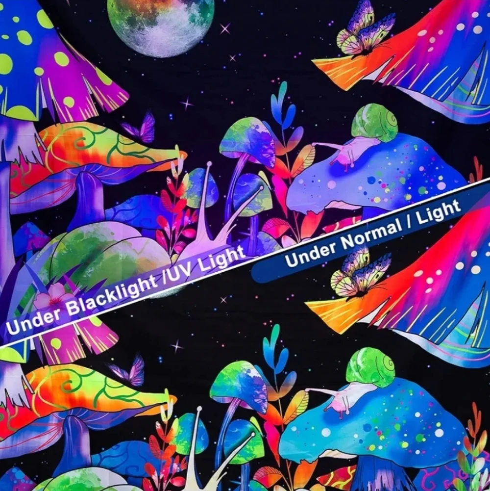 Blacklight Psychedelic Mushroom Tapestry Trippy Celestial Snail Moon Stars 59x79
